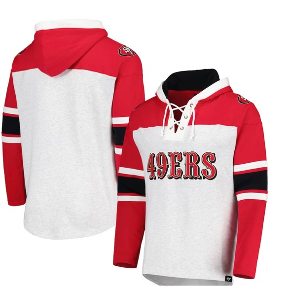 BNWT Men's '47 San Francisco 49ers Heather Gray Gridiron Lace-Up Pullover Hoodie - Picture 1 of 3